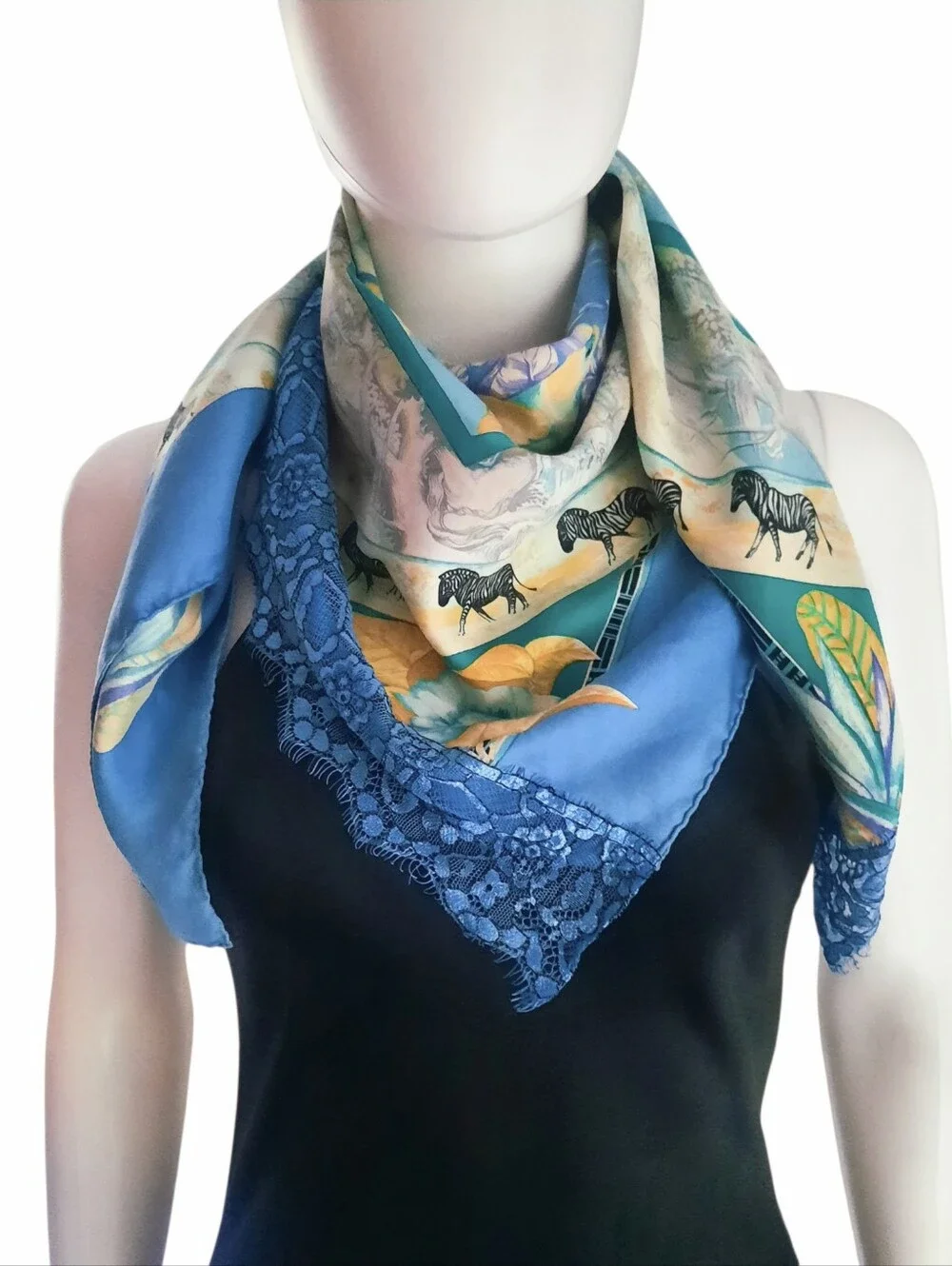 Vintage HERMÈS Tropiques Silk Twill Scarf 90cm Blue/Multi (Altered/Trim Added) - Picture 6 of 16